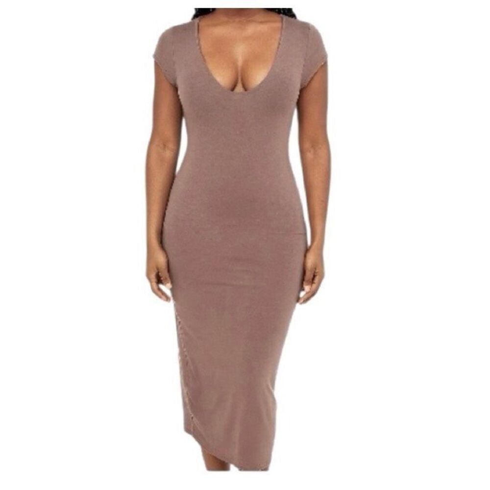 Anthropologie See You Monday taupe deep v-neck bodycon dress - XL